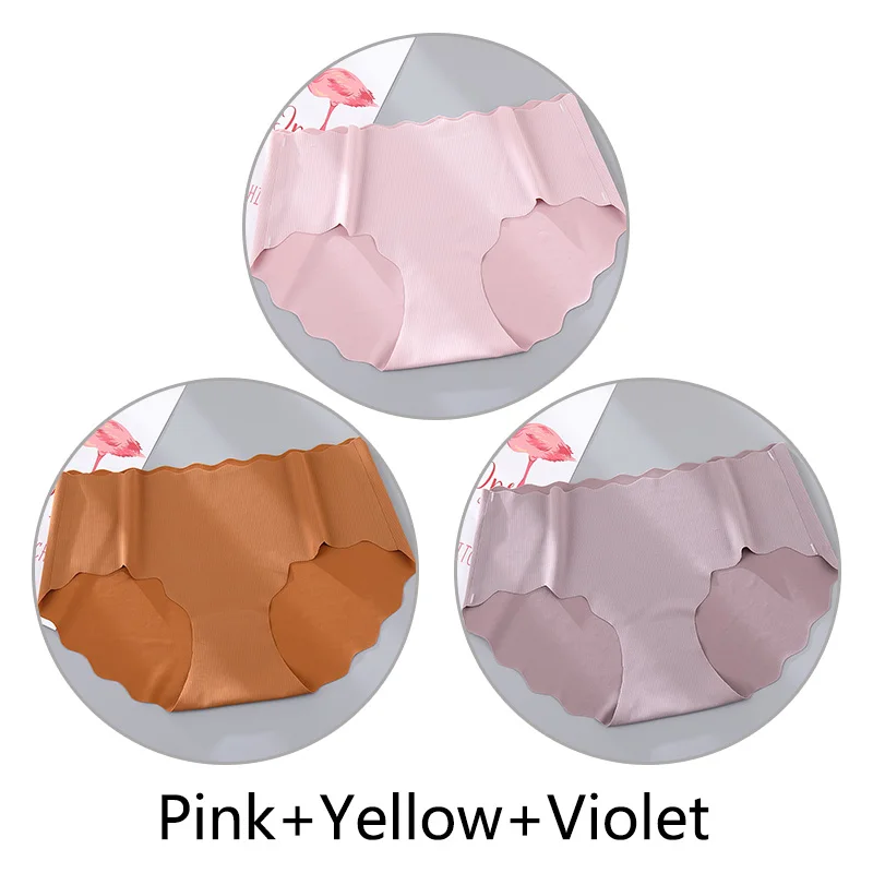 Pink Yellow Violet 3Pcs Sexy Ruffles Panties Women Soft Seamless Briefs Ice Silk Breathable Underwear Ultra Thin Intimates Lingerie Solid M-XL New - Цвет: Pink Yellow Violet