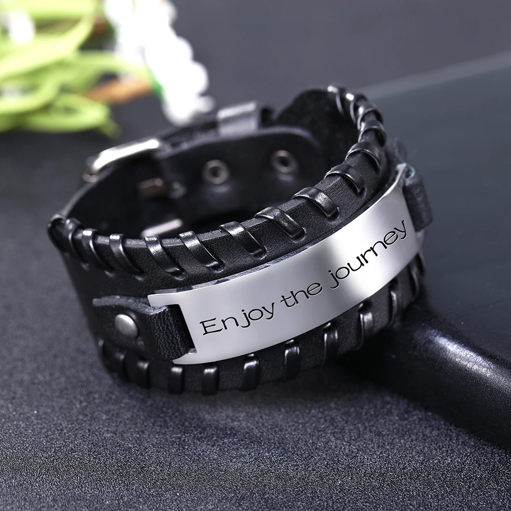 EUEAVAN 5pcs Proverb Positive Black/Brown Leather Bracelet Saying Charm Stainless Steel Jewelry For Men Gift Wholesale