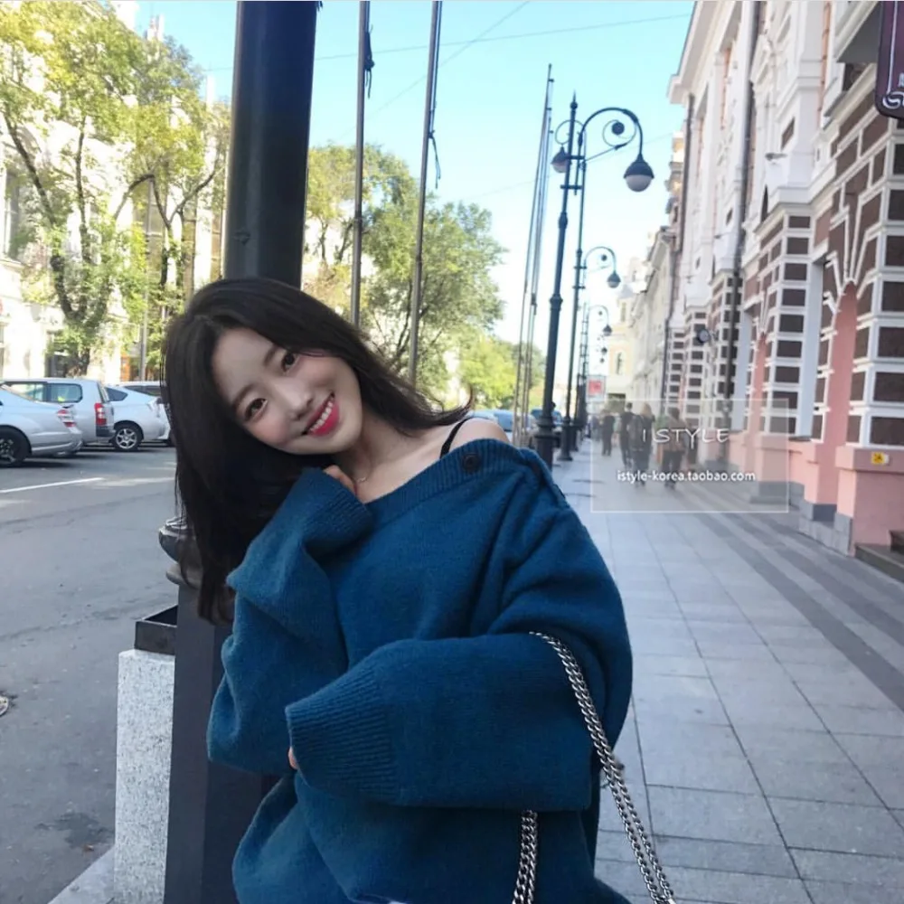 Thick Winter slash neck Sweater Women pullover Girls Tops Loose Autumn Female Elegant Knitted Outerwear Sweater Warm Oversize