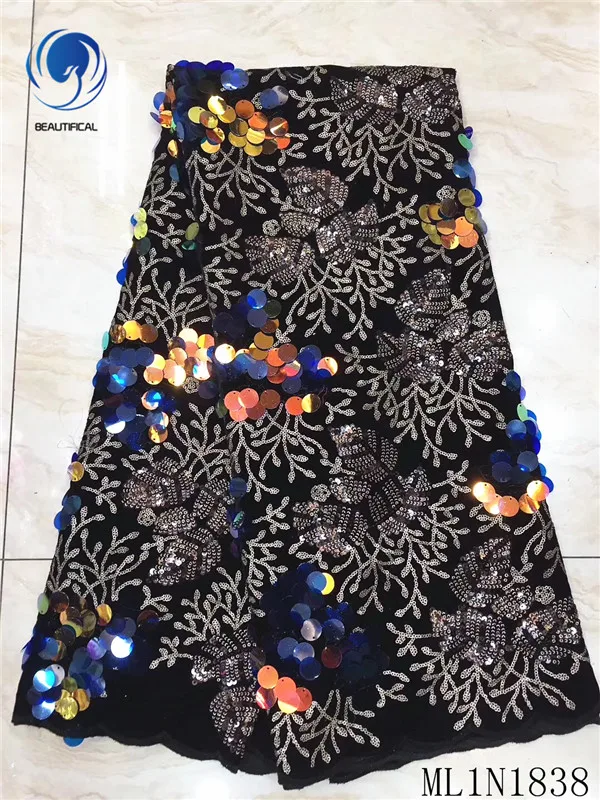 

Beautifical nigerian lace fabrics New design french Flannel fabrics with sequis embroidery lace fabric for dress ML1N1838