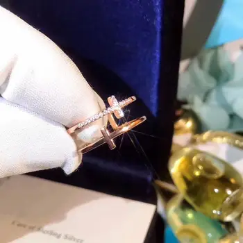 

JZ TFB RLLEN High Quality Sterling Silver Open Rose Gold Double T Cross Gemstone 925 Ring with Logo DIY Jewelry for Women.
