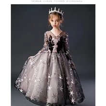 Свадебное платье принцессы для девочек, свадебное платье с цветочным узором и сетчатыми рукавами для девочек, детская юбка-американка для дня рождения, вечеринки, фортепиано