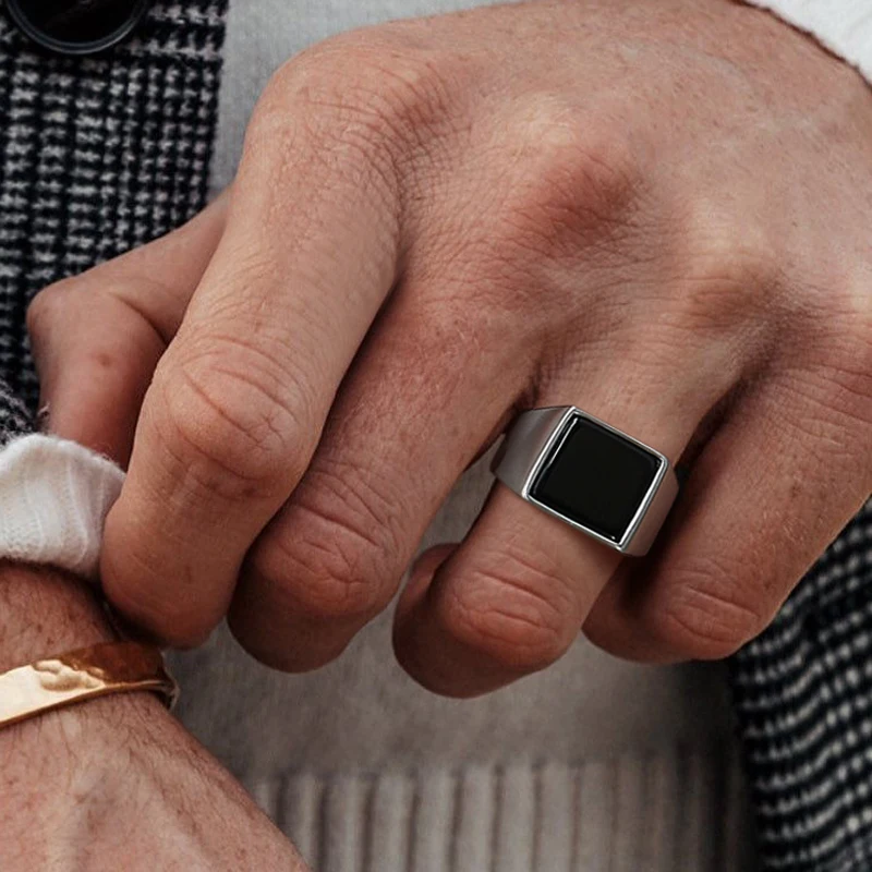 Stainless Steel Ring Signet Ring Finger Ring Ring for Men Stainless Steel Square Signet Ring Black Enamel Men's Pinky Rings Gents Jewelry