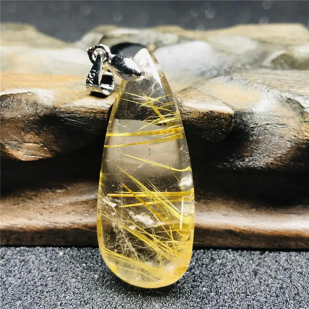 

Natural Gold Rutilated Titanium Pendant For Women Men Crystal 35x14x9mm Oval Beads Stone Crystal Necklace Pendant Jewelry AAAAA