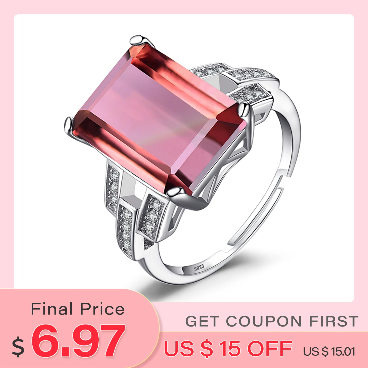 JewelryPalace 6ct Emerald Cut Nano Simulated Zultanite Color Change Diaspore Open Adjustable Cocktail Ring 925 Sterling Silver