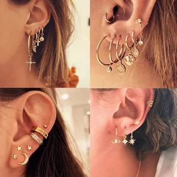 

Vintage Mixed Metal Drop Dangle Earrings Set For Women Female Gold Crystal Moon Star Map Cross Small Cuff Clip Fashion Jewelry