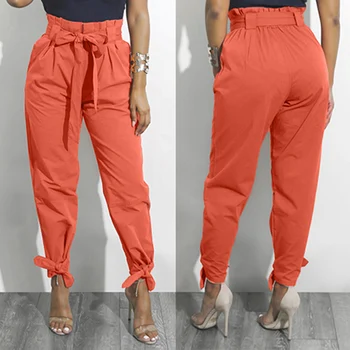 

Women Elastic Waist Trousers High Waist Harem Pants Bow Tie Drawstring Pant Pantalones Ankle-length Capris Trousers