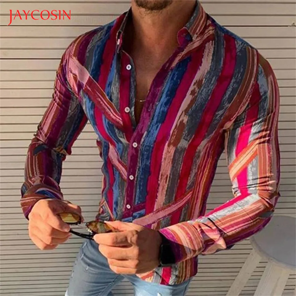 Joycosin, Осень-зима, мужская рубашка,, повседневная одежда, в полоску, с принтом, для мужчин, с длинным рукавом, облегающая, официальная одежда, рубашка, мужская одежда