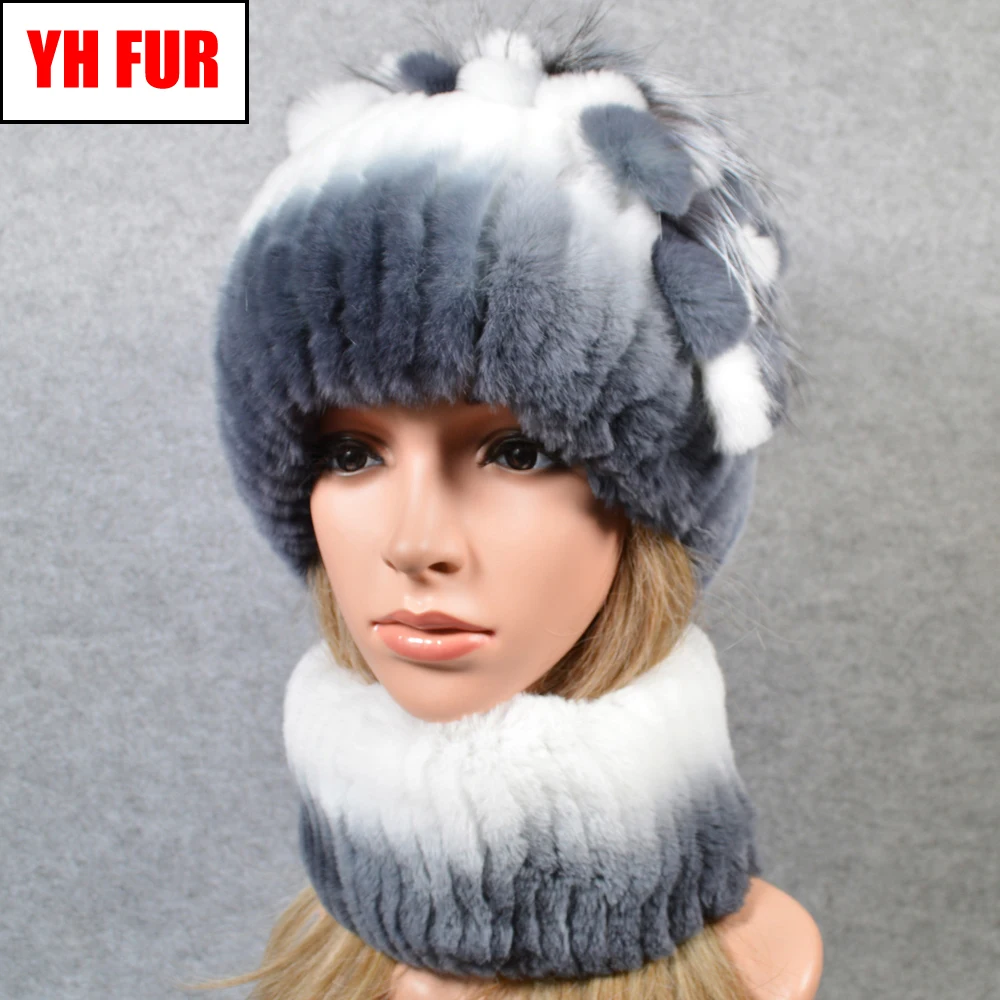 Women New Style Warm Real Rex Rabbit Fur Scarf Hat Good Elastic Cap Ring Shawl Natural Scarves Hats | Аксессуары для одежды
