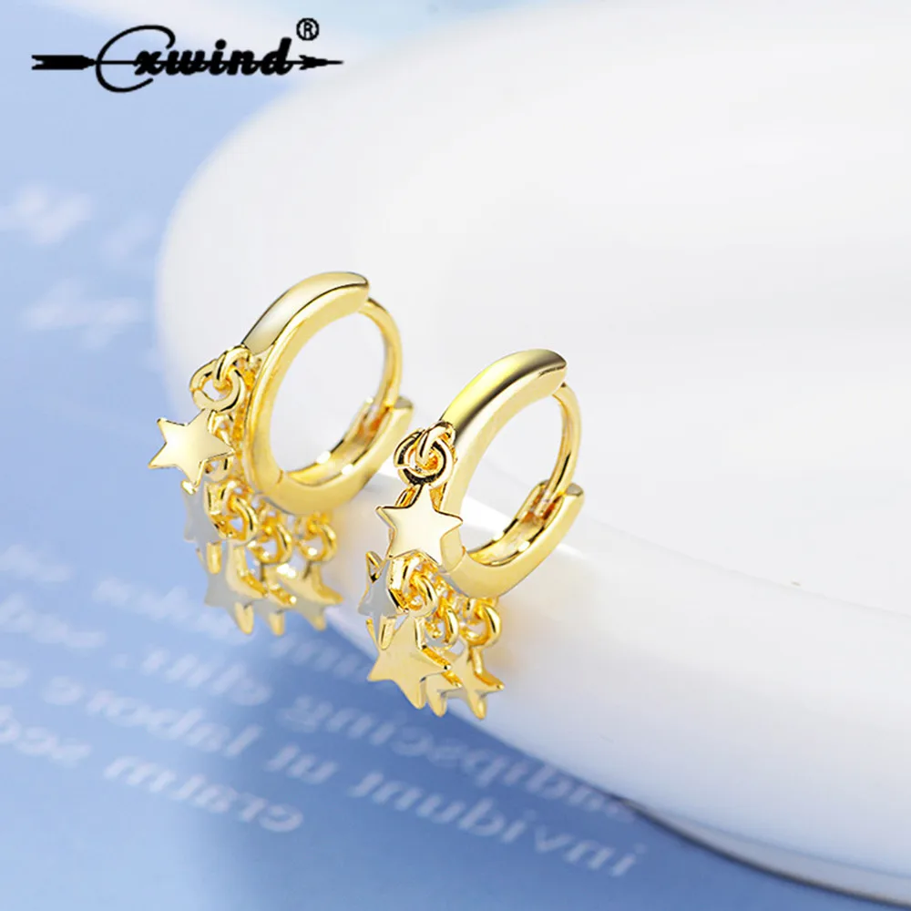 Cxwind Small Hoop Earrings Gold Star Clear Cubic Zirconia Round for Womens Sexy Ear oorbellen Jewelry | Украшения и аксессуары