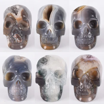 

Wholesale Skull Figurines Natural Crystal Agate Hand Carved Amethyst Unique Craft Skulls Statue Home Decor Healing Feng shui Art