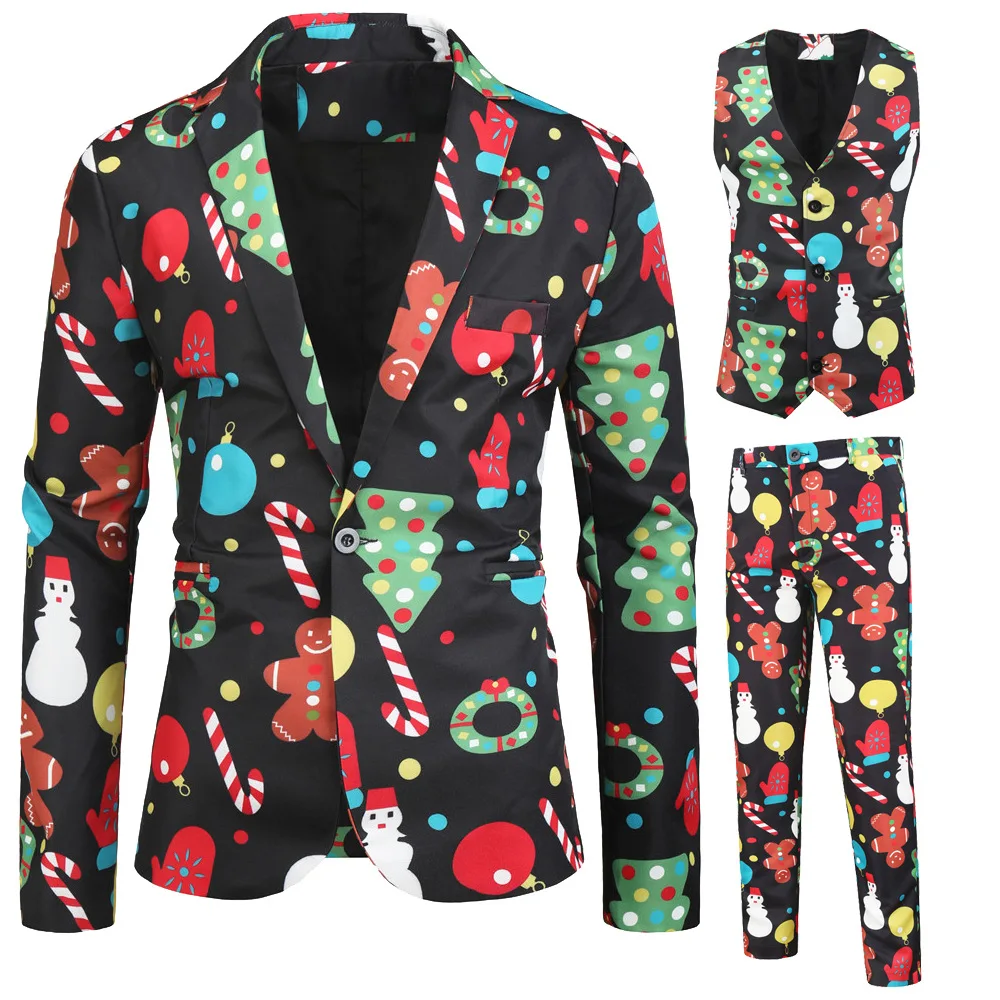 

2019 Spring And Autumn New Style Hot Selling Europe And America Men's Digital Santa Claus Printed Leisure Suit Three-piece Set