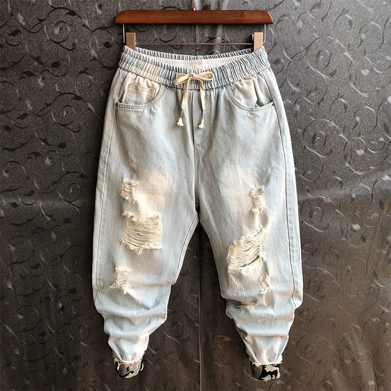 

Fashion Hi-street Mens Hip Hop Loose Fit Vintage Drawstring Pants Elastic Waist Patchwork Ripped Jeans Joggers Korean For Male