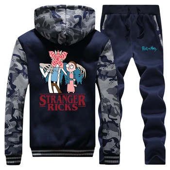 

Stranger Things Rick And Morty 2019 Winter New Camouflage Men Hooded Sportswear Coat Thick Suit Jacket Warm+Pants 2 Piece Set