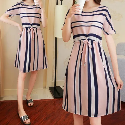 

2019 Summer New Style Large Size Dress Slimming Dress Short Sleeve Casual Stripes Skirt