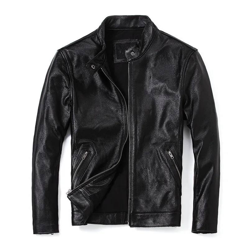 

2020 Black Men Slim Fit Motorcycle Jacket Stand Collar Plus Size XXXXL Genuine Cowhide Spring Biker's Leather Coat