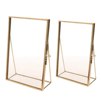 

2 Pcs Simple Antique Rectangular Freestanding Transparent Glass Photo Frame for Home Decoration Gold, 15.2 X 20.3 Cm with 12.7 X