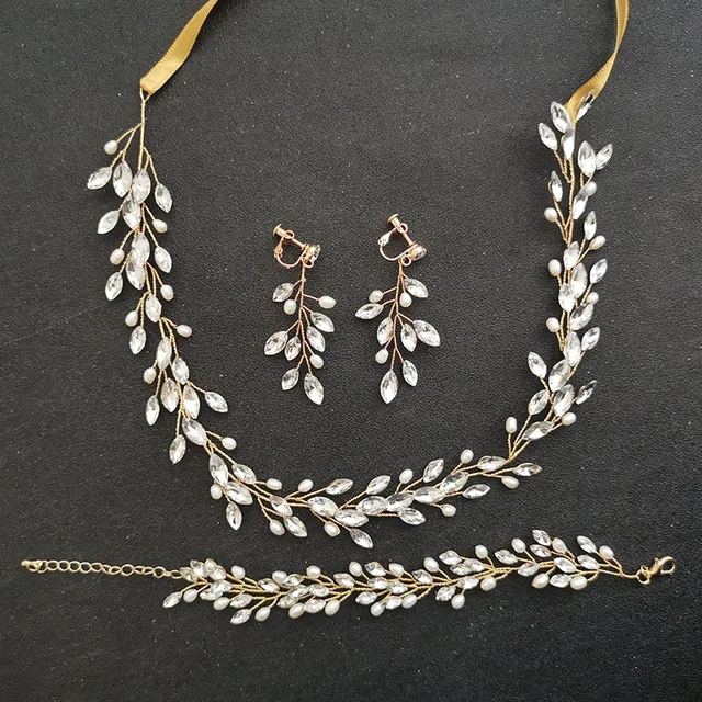 Buy CheapSLBRIDAL Handmade Freshwater Pearls Austrian Crystal Bridal Jewelry Set Wedding Headband Bracelet Clip Earring Set Women Jewelry