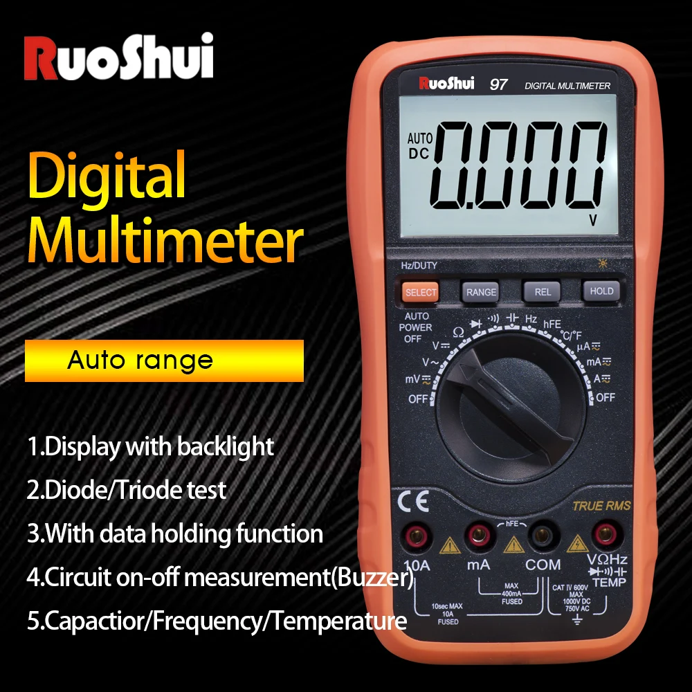 

RuoShui Auto Range Multimeter 97 True RMS AC/DC voltage Current transistor tester Temperature Frequency meter smd esr multimetro