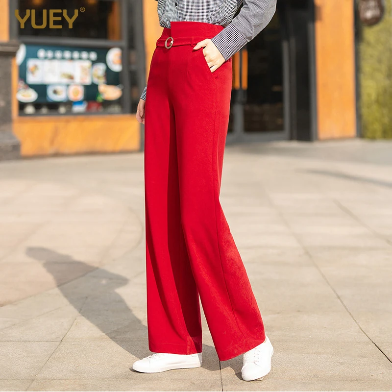 Womens Fashion Straight Pants Casual Irregular High Waist Full Length Long OL Street Trousers For Spring Autumn Red Black