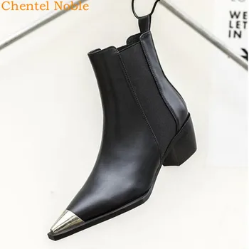 

Real Leather Boots Women Genuine Metal pointed Toe Med Heel Ankle Boots Heel Slip-On Boots Cowboy Boot Women White Black Color