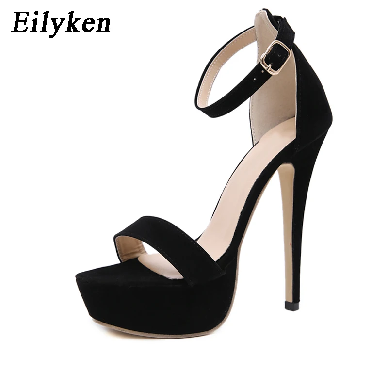 Eilyken; Новинка года; модные босоножки из флока на платформе и высоком тонком каблуке; пикантные вечерние туфли с открытым носком и ремешком на щиколотке с металлической пряжкой; женская обувь - Цвет: Black