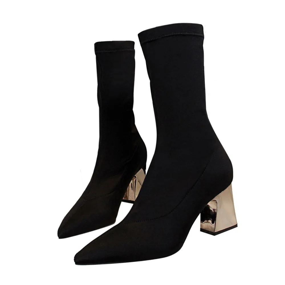 

202New fasion and sexy Stretch Knit Women Short Boots with block Slim On Street Style Block Heels Ankle Boots Shoes Women Boots