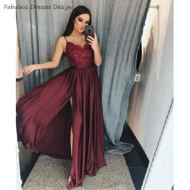 

Burgundy Applique Lace Long Prom Dresses 2020 Sexy Split Sweetheart A Line Evening Dress Party For Women Formal Vestido De Festa
