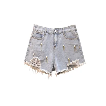 

Plus Size 4XL Fashion Short For Women Wide Leg Cotton Denim Shorts Summer Short Jeans 2020 New Sexy Beaded Ripped Shorts Korea