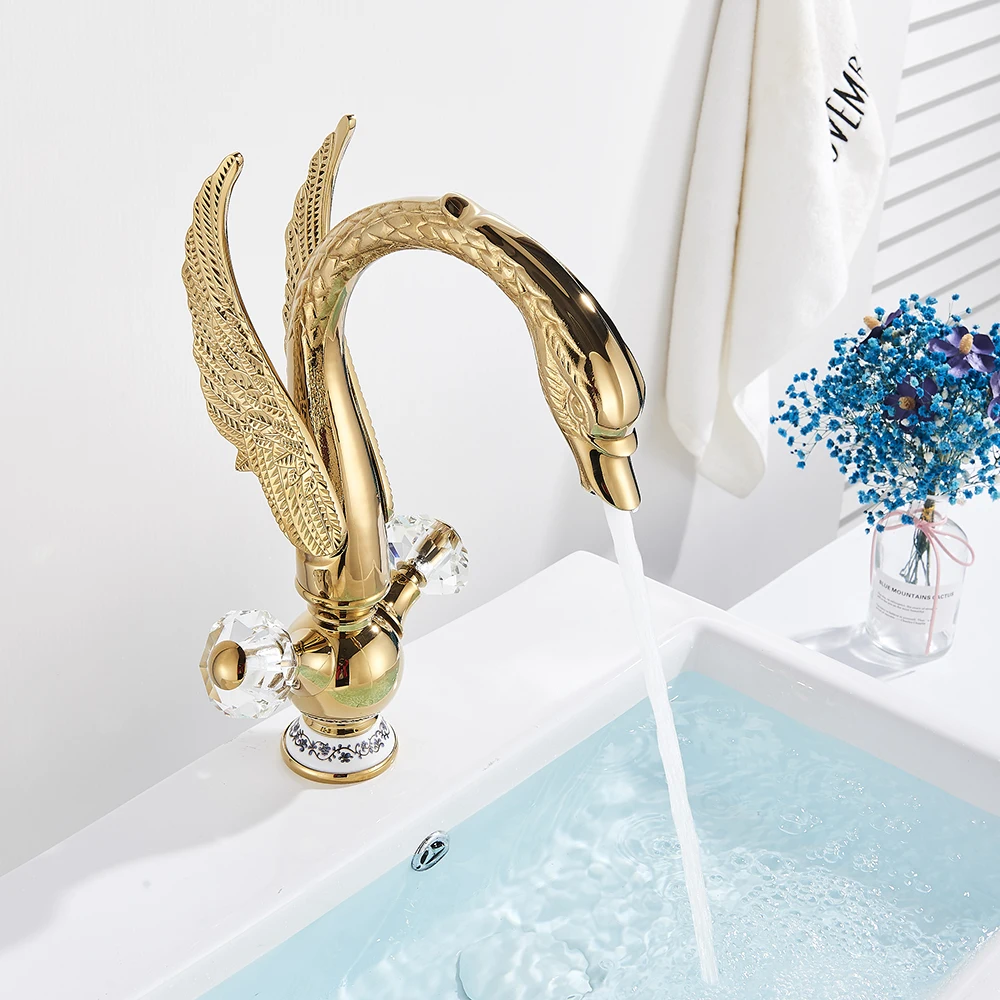 Grifo monomando para lavabo, diseño de cisne, color dorado