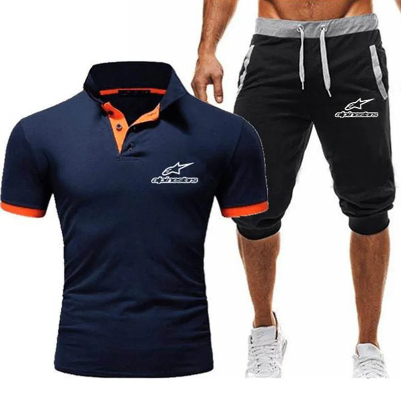 

Summer Men Sportsuits Set Mens Lapel Fashion 2 Pieces POLO shirt Shorts Tracksuit Alpinestars Fitness Suits 2PC Top Short Set