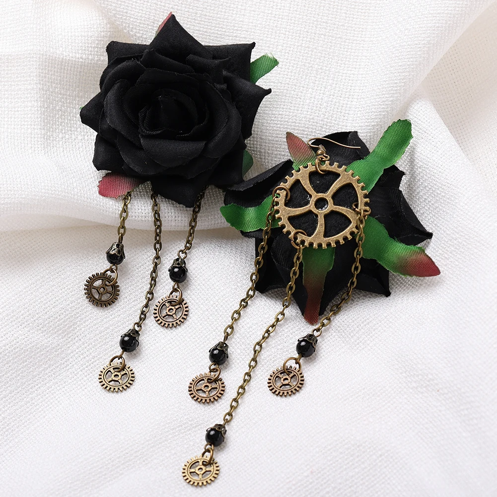 Gothic Dangle Earrings Medieval Retro Vampire Exaggerated Red Rose Gear Pendant Ear Drop Earrings Women Party Costume Jewelry 3