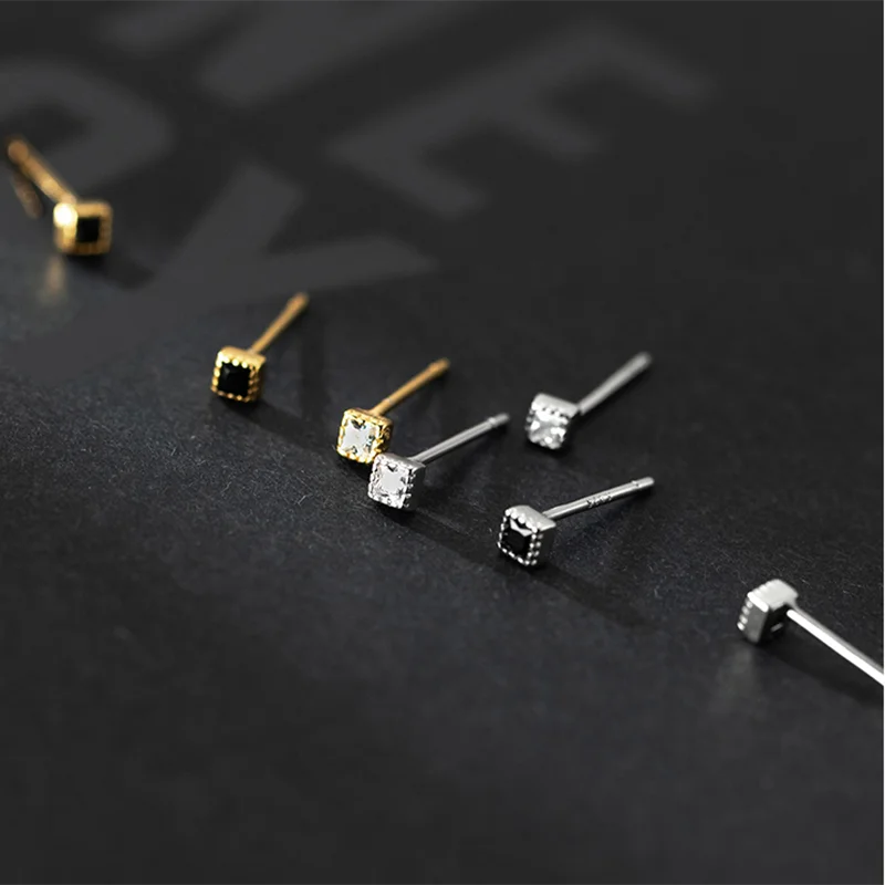 WANTME 925 Sterling Silver Simple Geometric Square Black Zircon Mini Small Stud Earrings for Women Kid Cute Piercing Jewelry