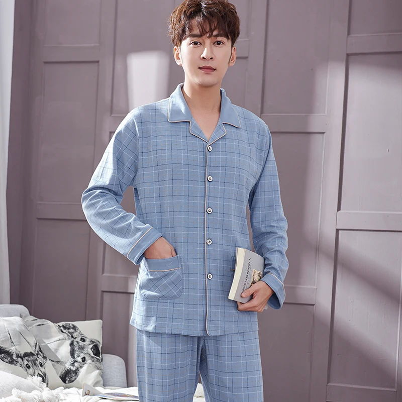 

Men 100% Cotton Pajamas Autumn Spring Plaid Long Sleeves Button-Down Male Pajamas Set Man Warm Soft Cotton Sleepwear Blue