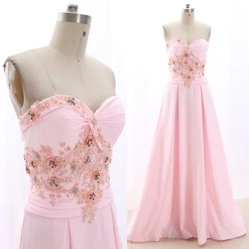 

MACloth Pink Sweep Train Strapless Floor-Length Long Crystal Satin Prom Dresses Dress M 266759 Clearance