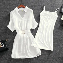 

2022 Summer New Chiffon Women Blouse Two-Pieces Slim Sashes Solid V-neck Turn-down Collar Long Office Lady Elegant Blouse Tops