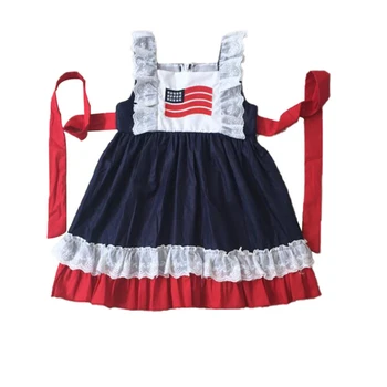 

Puresun New Arrival July 4th Red Navy Blue Summer Girls Dress Elegant Sleeveless Girls Ruffles Dress