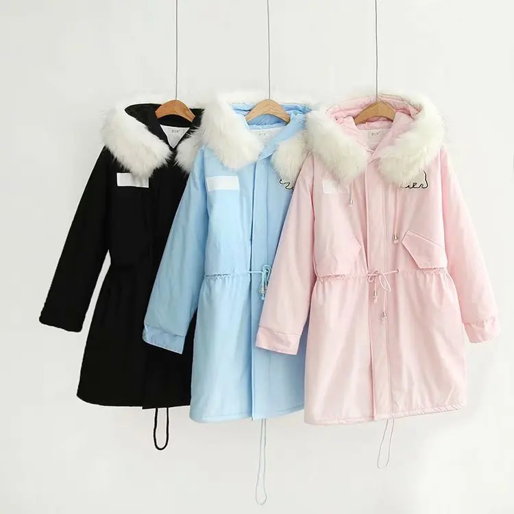 

Korean-style Fall And Winter Clothes New Style Large Fur Collar Hooded Waist Hugging Mid-length Drawstring Labeling Cotton-padde