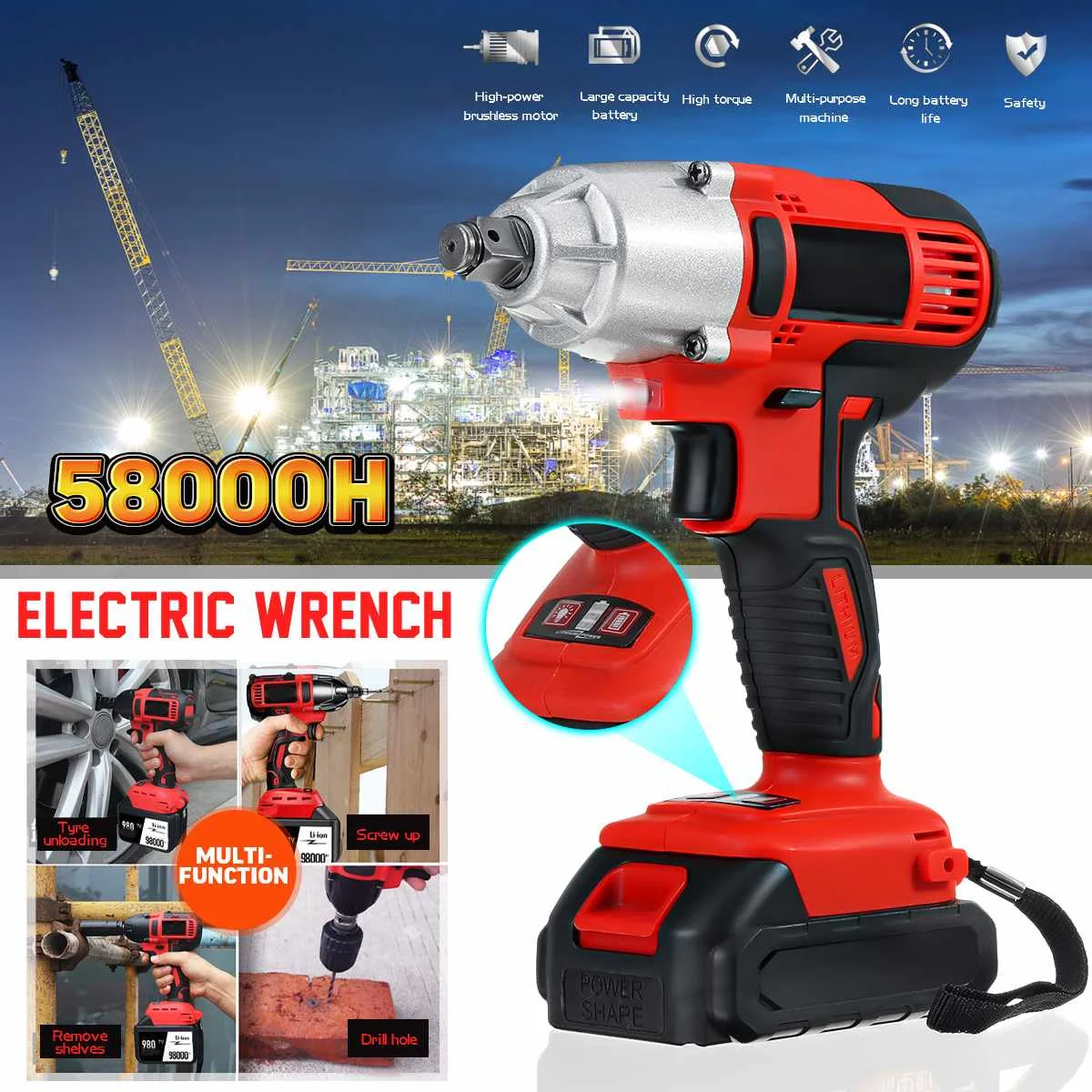 

DOERSUPP Rechargeable Electric Wrench 480Nm Cordless Socket Wrench 58000H Lithium-Ion Battery Infinitely Variable speed Switch