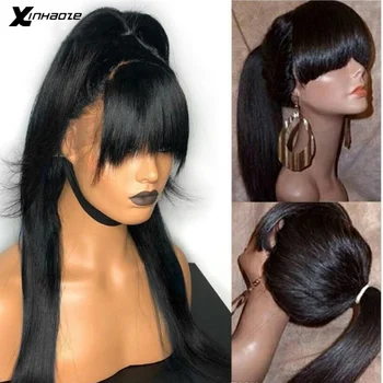 

Bang Wig Remy Human Hair Straight Pre Plucked Full Lace Wig With Baby Hair Wig With Bangs 150 Density Preplucked Lace Wig