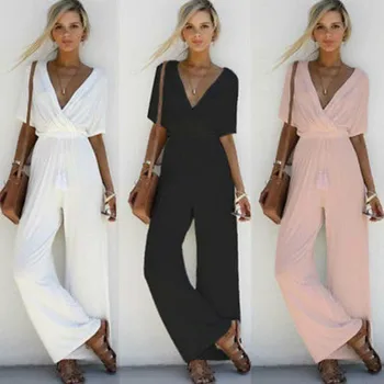 

New Fashion Women Summer Short Sleeve Wide Legs Boho Long Jumpsuit Romper Trousers Clubwear
