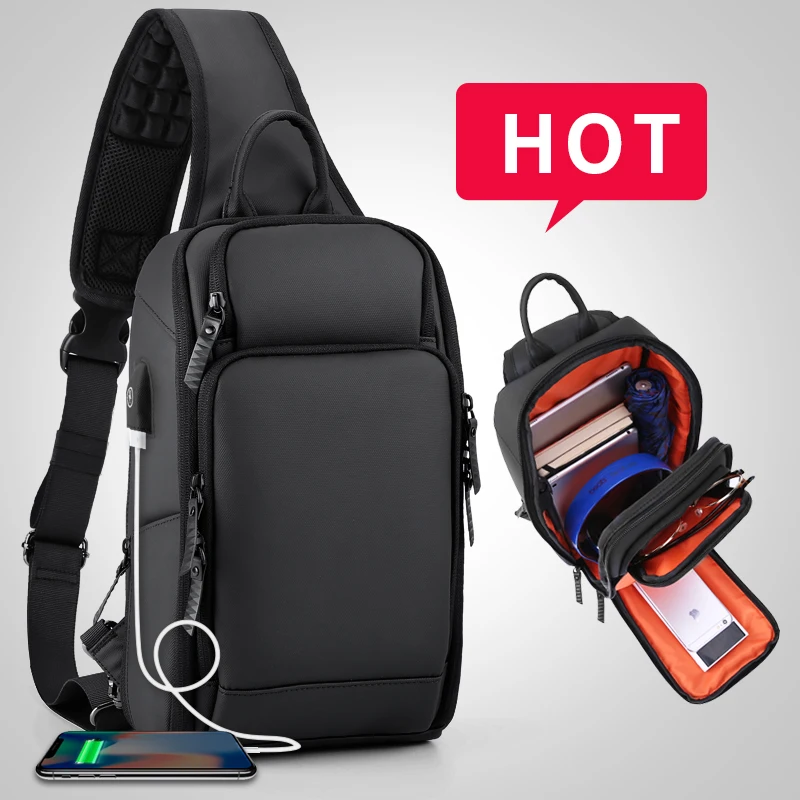 

Black Chest Pack Men Casual Shoulder Crossbody Bag USB Charging Chest Bag Water Repellent Travel Messenger Bag Male Fashion