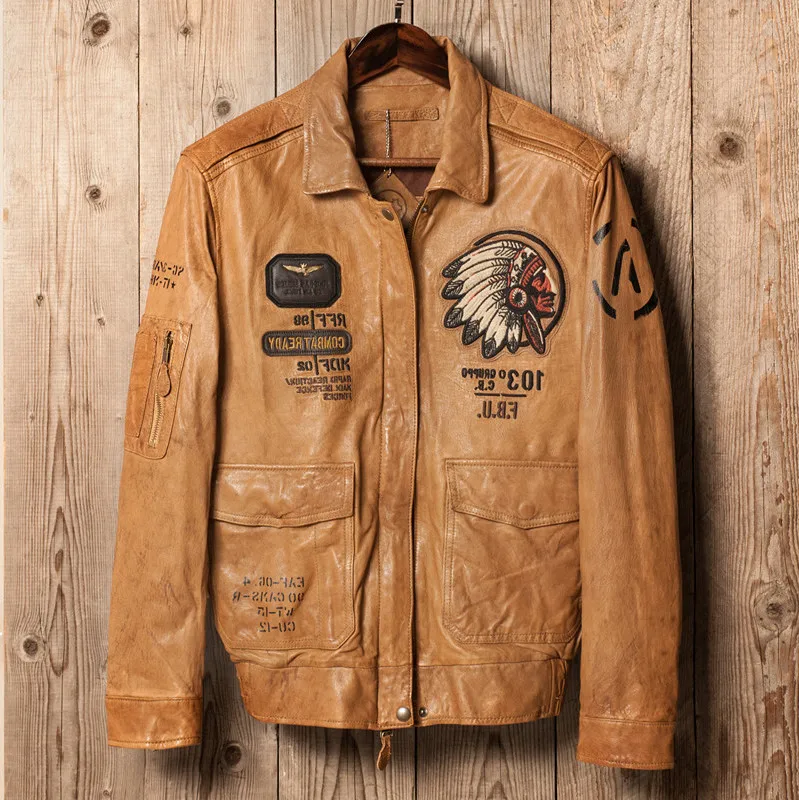 

Men's American A2 flight embroidery pattern pilot genuine jacket men yellow brown aviator leather coat male