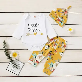 

Newborn Baby Girls Long Sleeve Letter Printed Rompers+Floral Pants+Hat 3pcs Set 19QF