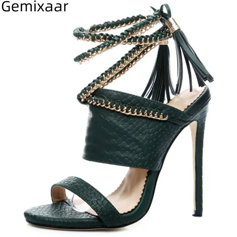 

2019 Summer Sandals Women One Strap Fashion Serpentine Pattern Party Sandalias Thin High Heel Cross Chain Lace Up Woman Sandals