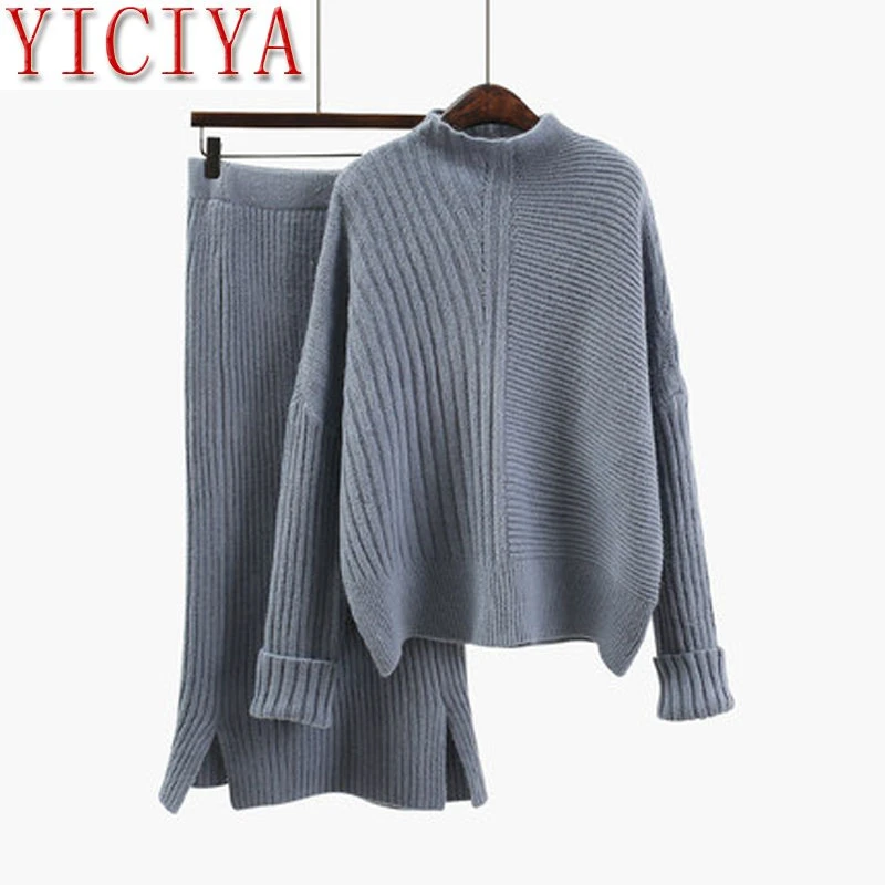 

2019 loose thick autumn and winter new knitted fashion suit women's pullover sweater + high waist wild knitted skirt half skirt
