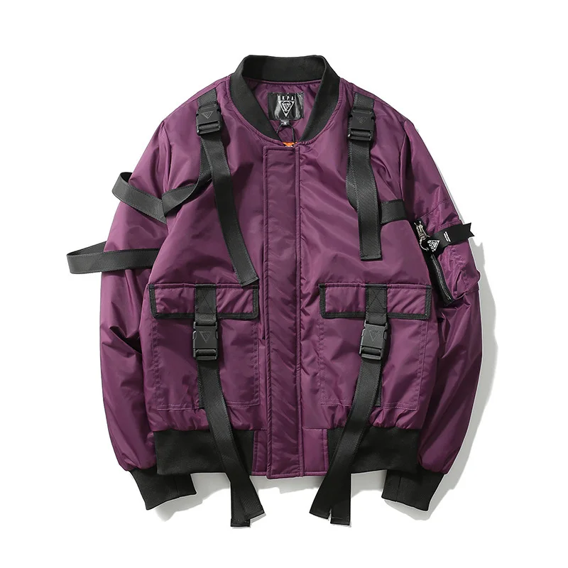 Мужская куртка ветровка в стиле хип-хоп Уличная панк Повседневная мотоциклетная куртка резинка с пряжкой мульти карман зимняя теплая куртка-бомбер MA1 - Цвет: Фиолетовый