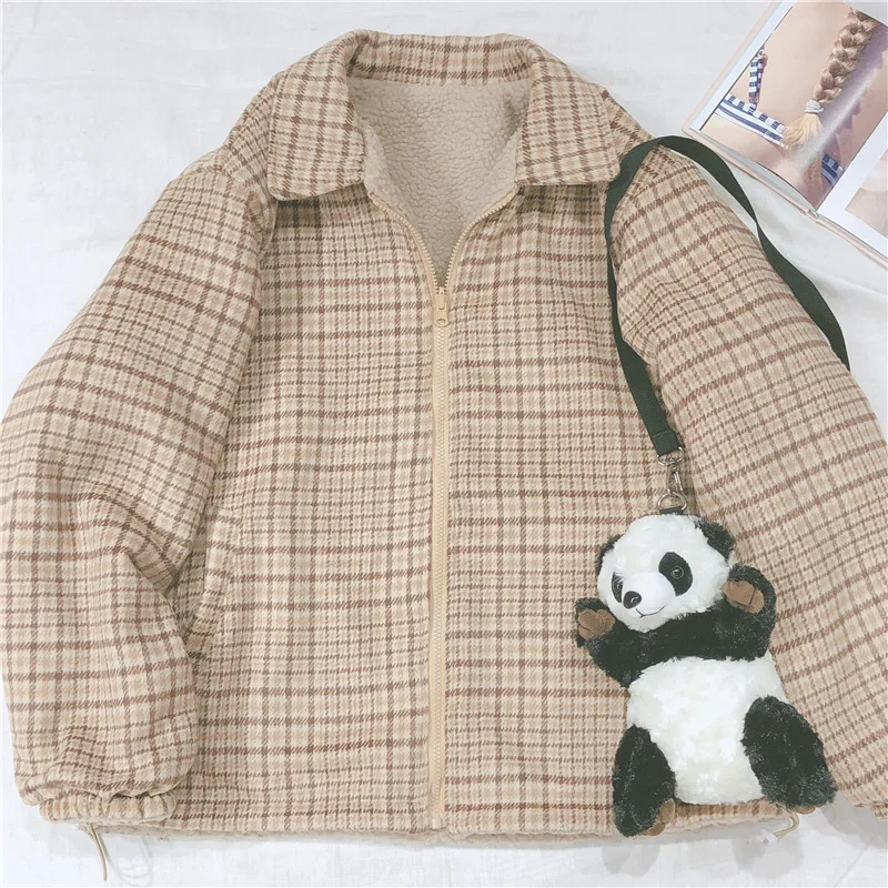 Пальто из овечьей шерсти с вышивкой медведя, милая Женская Студенческая утепленная клетчатая куртка, маленькая свежая мягкая Свободная верхняя одежда с длинным рукавом, топы