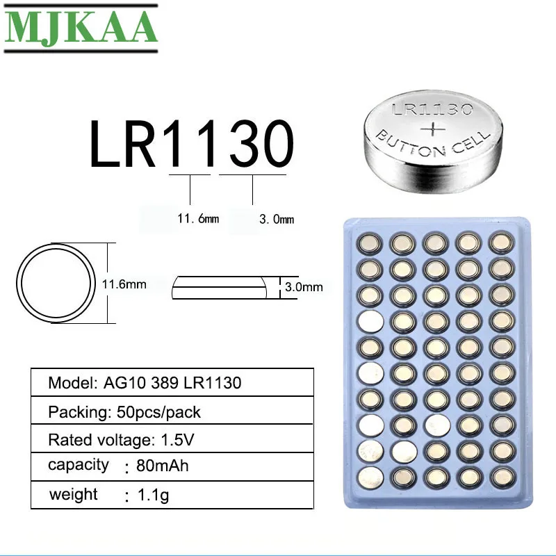 MJKAA 50 шт. AG10 189 LR54 щелочная батарея для монет 1 55 в SR54 389 LR1130 SR1130 кнопки батареи часов