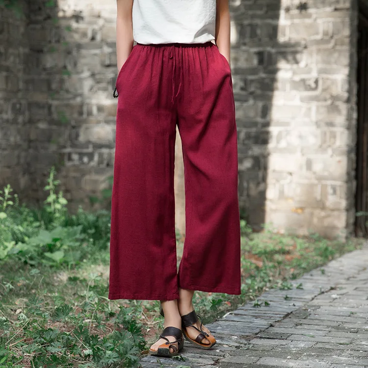 Johnature 2020 Autumn Women New Retro Elastic Waist Cotton Linen Lace Up Wide Leg Pants Loose Casual All-match Ankle-length Pant